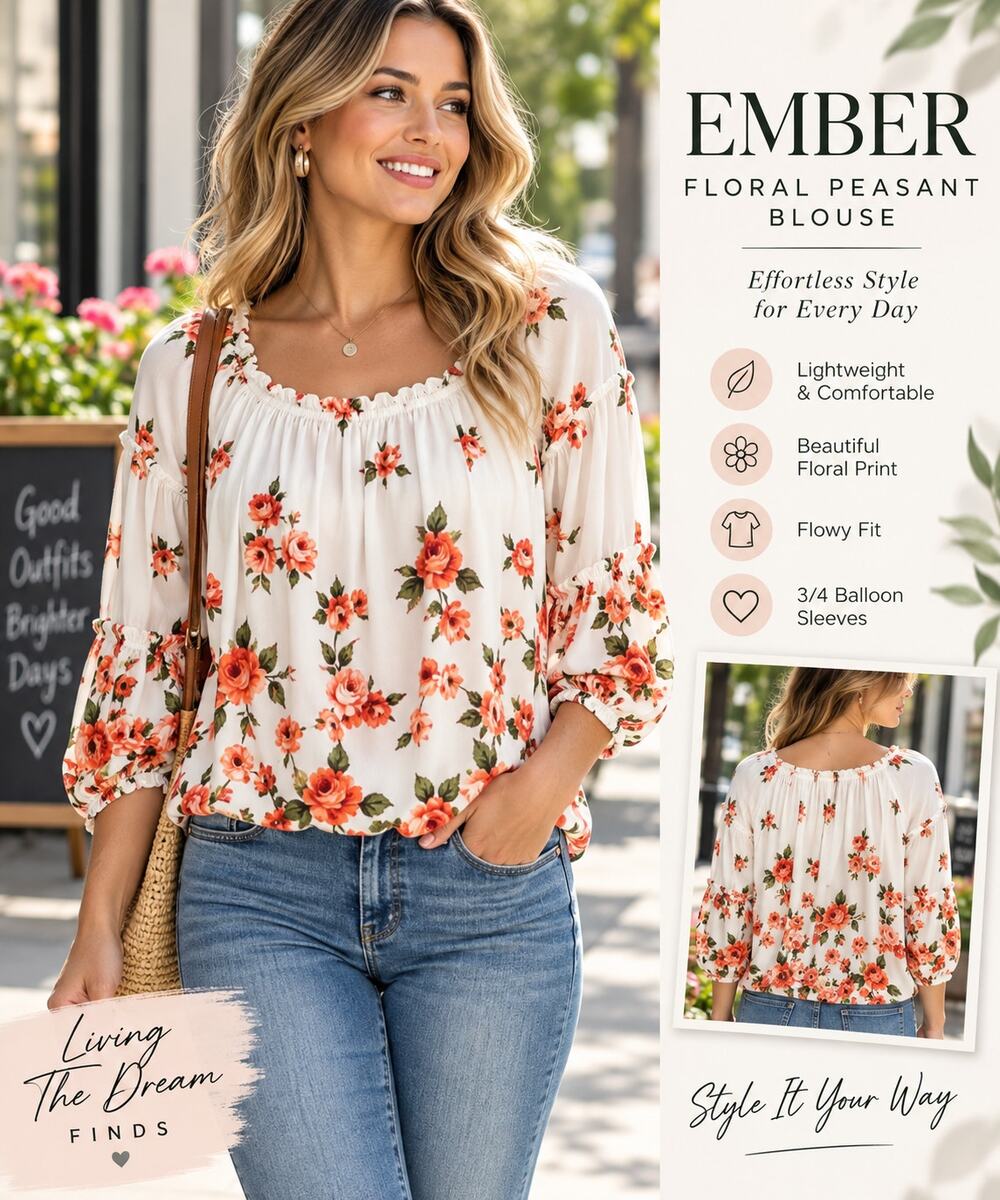 Ember Women’s Small White Orange Floral Peasant Blouse 3/4 Sleeve Boho Top